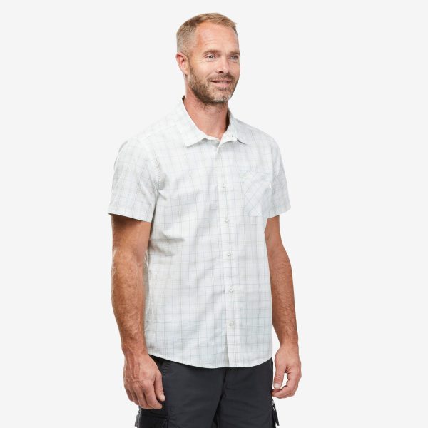 Men’s Short-sleeve Check Travel Trekking Shirt TRAVEL 100 - White For Sale