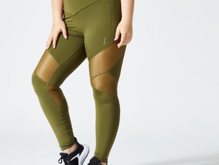 Women s Cardio Fitness Leggings High-Waisted Bimaterial - Khaki Discount