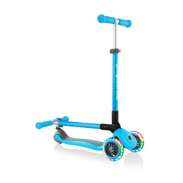 Globber Primo Foldable + Lights 3-Wheeled Kids Scooter (Ages 3-6) - Sky Blue For Cheap